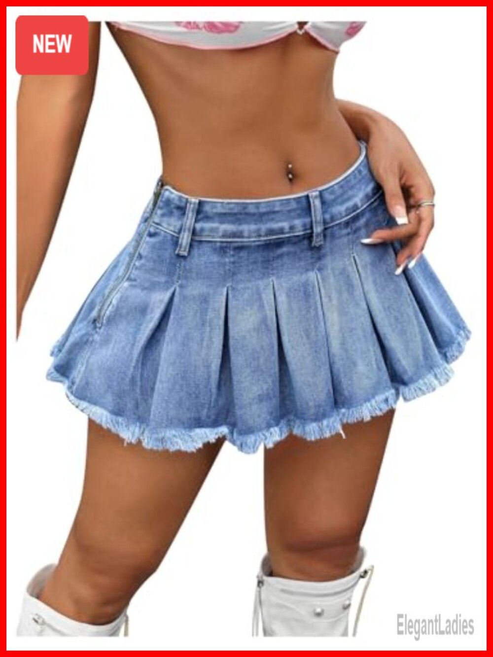Women's Y2K Low Waist Pleated Denim Mini Skirt Raw Hem Ruffle Jean Skirt